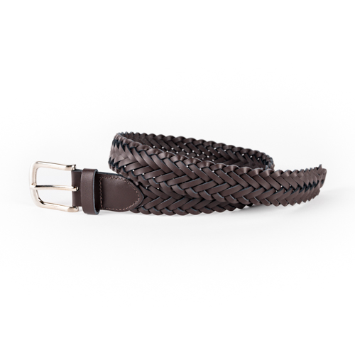 Round Buckle Braided Leather Belt, Dark Brown